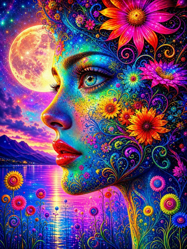 Vibrant surreal profile portrait of a floral-adorned woman against a glowing full moon starry lak...