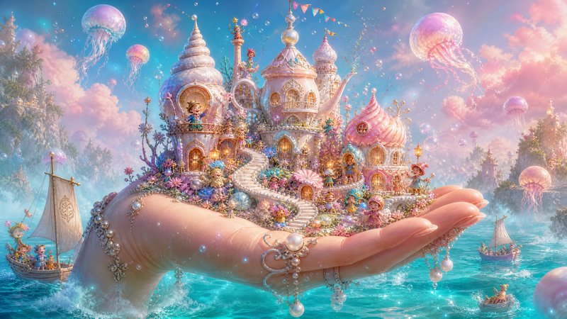 Giant bejeweled hand holds a pastel fairy tale shell castle, rising from a turquoise ocean under ...