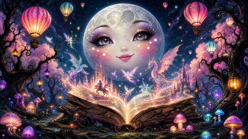 Whimsical fantasy scene featuring a smiling personified moon, glowing open storybook, fairies, dr...
