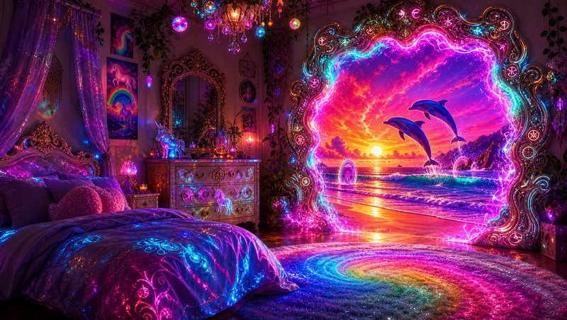 Vibrant neon fairycore bedroom with a glowing ornate portal opening to a sunset beach scene with ...
