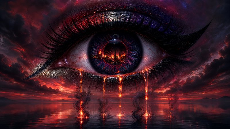 Surreal giant fantasy eye with a burning apocalypse reflection, crying molten lava tears over a f...