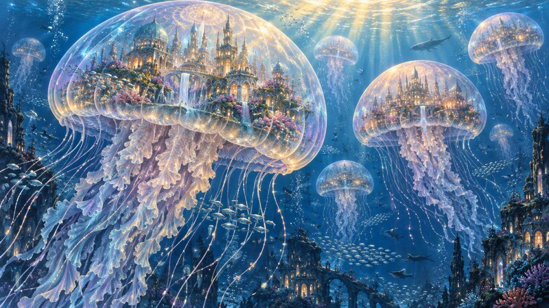 Surreal fantasy underwater scene of giant glowing jellyfish carrying illuminated fairy tale castl...