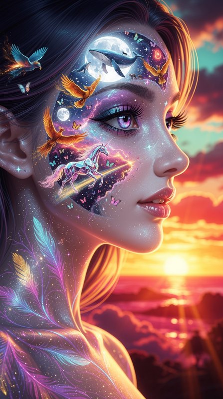 Surreal profile portrait of an ethereal woman with glowing celestial fantasy face art against a v...