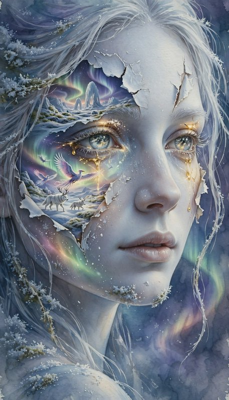 Surreal portrait of an ice spirit, with cracked skin revealing an arctic aurora landscape and glo...