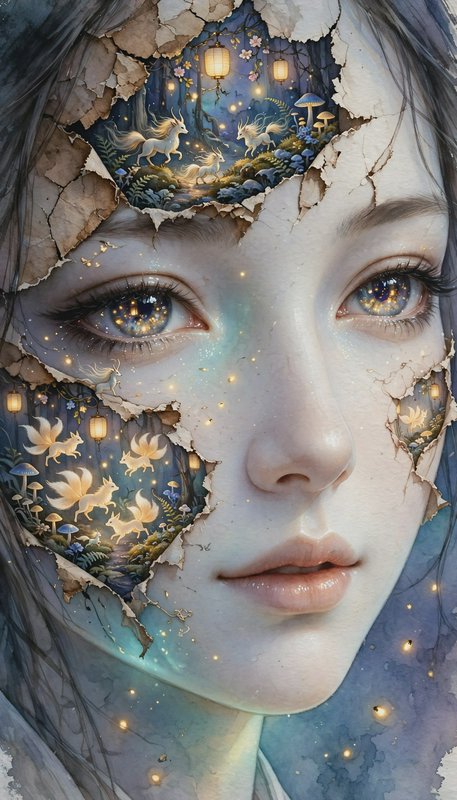 Surreal fantasy close-up portrait of a woman, with peeling skin revealing an enchanted forest of ...