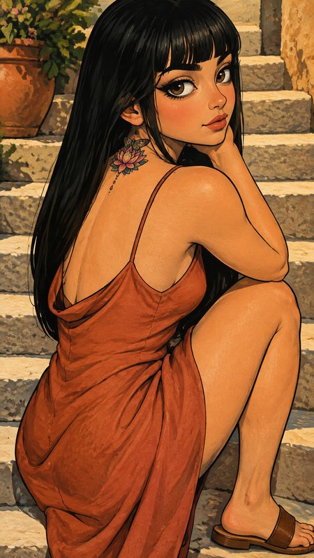 Stylized anime illustration of a young woman with a lotus neck tattoo crouched on sunlit outdoor ...