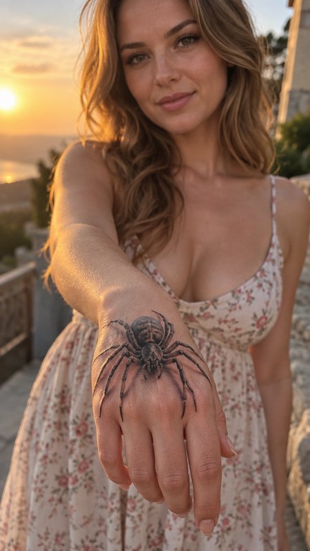 Woman extends her hand to display a hyper-realistic 3D spider hand tattoo during a warm golden su...