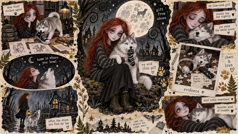 Scrapbook collage of whimsical gothic vignettes following a red-haired girl and her beloved Siber...