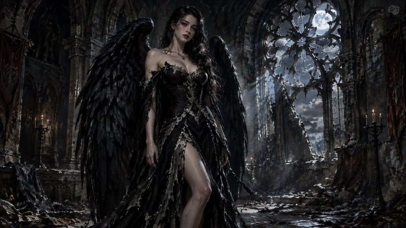 Fallen angel with large black feathered wings stands in a crumbling gothic cathedral illuminated ...