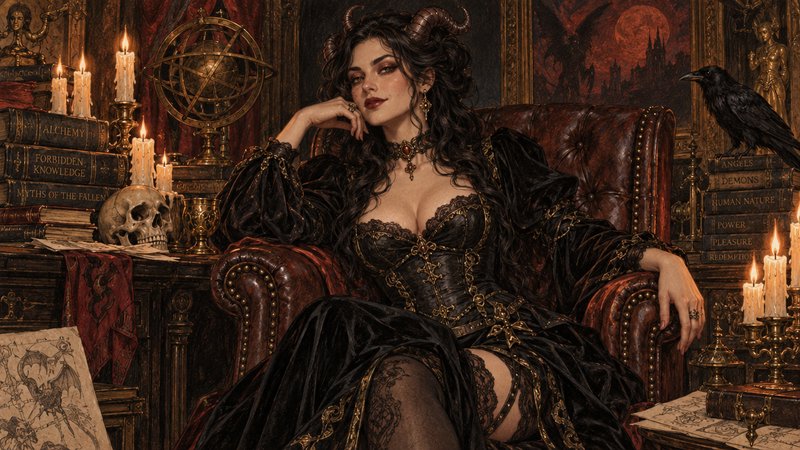 Regal horned gothic sorceress in an ornate black lace gown lounges in a leather armchair surround...