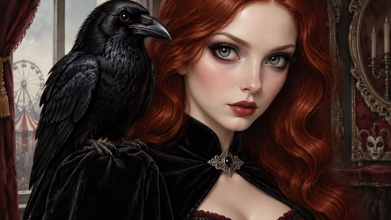Gothic portrait of a red-haired woman with a black raven perched on her shoulder, carnival visibl...