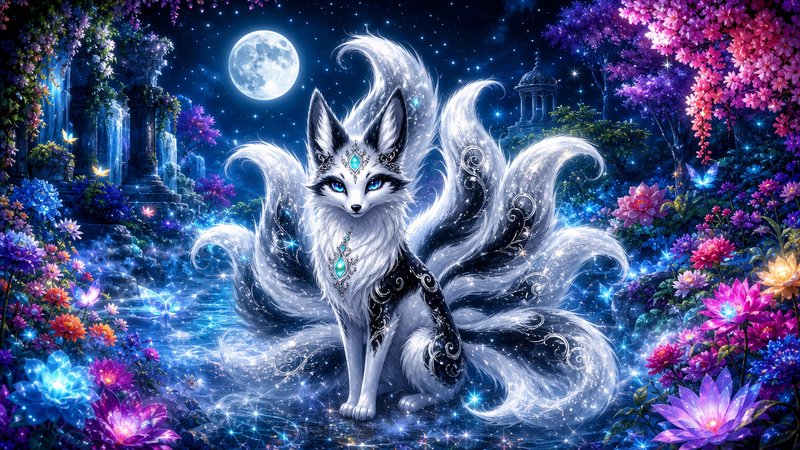 Regal jeweled nine-tailed kitsune sits in a glowing enchanted garden under a bright full moon sta...