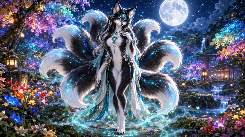 Regal black and white nine-tailed kitsune stands in a glowing enchanted Japanese garden under a b...