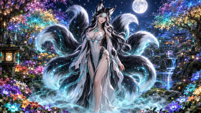 Anime-style nine-tailed kitsune fox spirit standing in a glowing enchanted garden under a bright ...