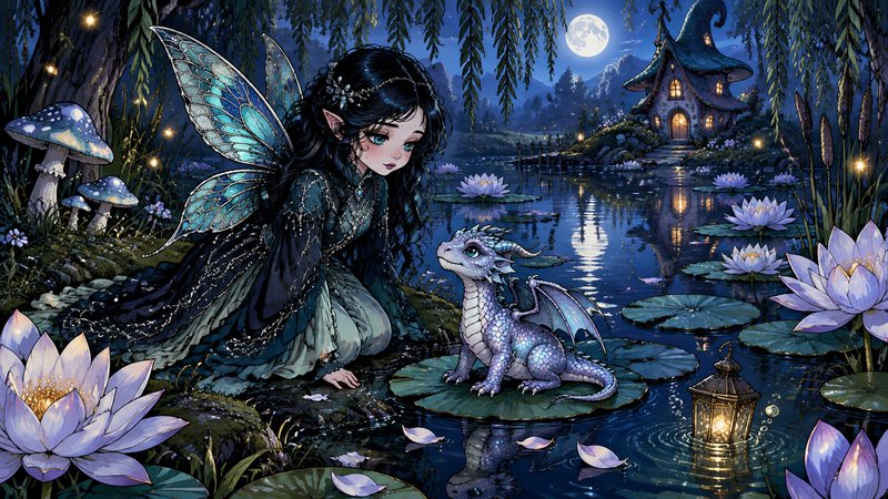 Iridescent winged fairy kneels to greet a tiny silver baby dragon on a lily pad in a moonlit enchanted night pond.