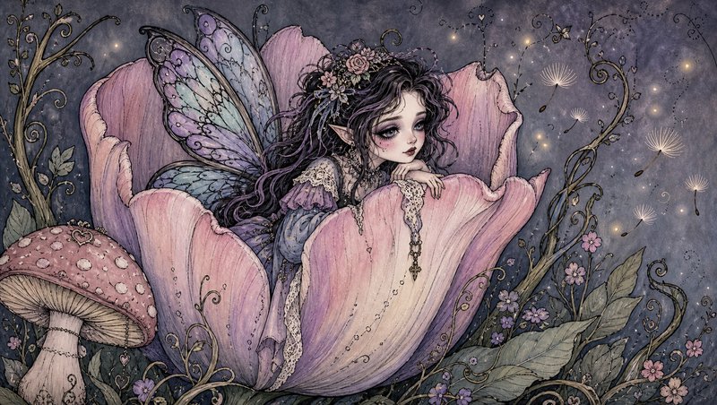 Ethereal dark-haired fairy with iridescent wings resting inside a giant pink flower in an enchanted twilight forest