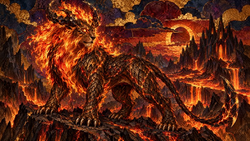 Horned flame-maned fire lion mythical beast stands atop rocky cliffs overlooking a lava hellscape