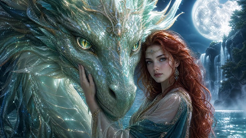 Red-haired fae woman tenderly touches the face of a shimmering iridescent green dragon under a full moon