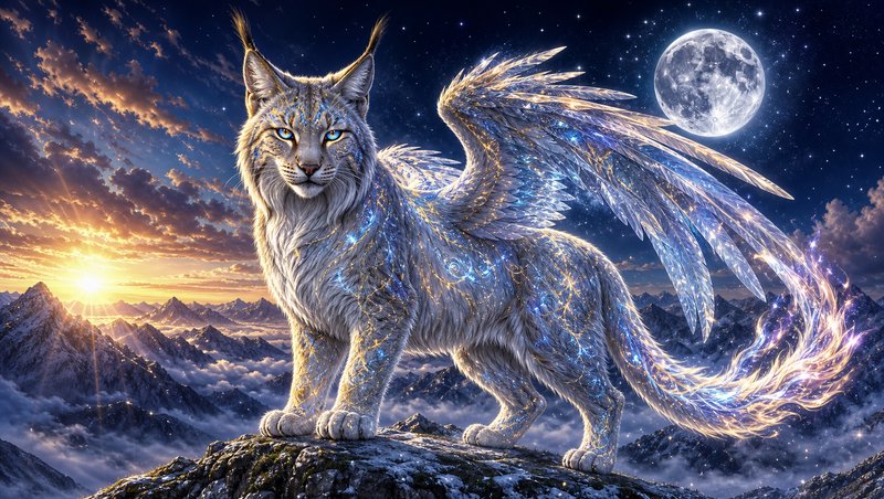 Glowing winged mythical lynx stands on a rocky mountain peak beneath a full moon at twilight