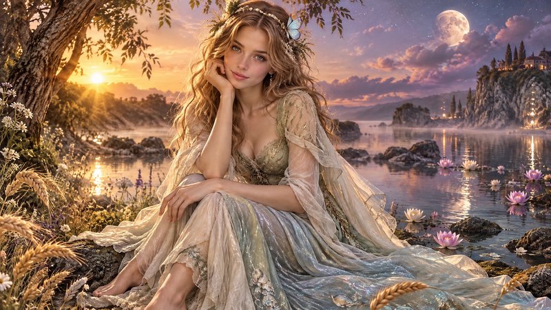 Ethereal fairy woman sits by a lotus-covered lake under a twilight sky with both sunset and full moon