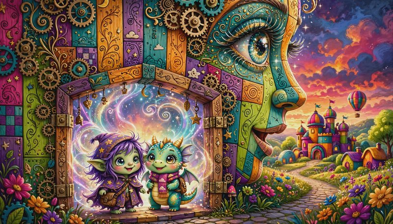 Cute chibi elf and baby dragon stand at a whimsical steampunk portal overlooking a vibrant fairy tale village