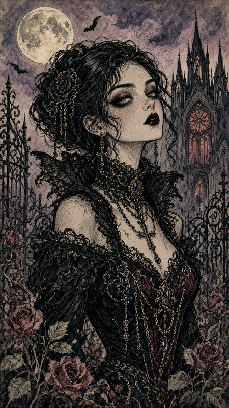 Elegant gothic woman in ornate lace stands before a cathedral under a full moon, framed by dark roses