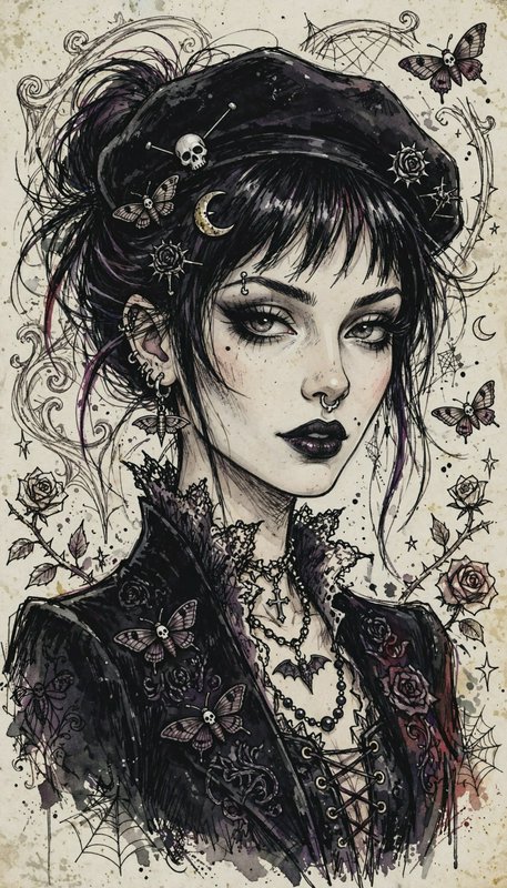 Detailed ink portrait of a gothic woman wearing a beret, occult jewelry, and death moth accents
