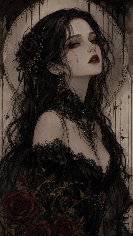 Elegant gothic woman in black lace tilts her head back, adorned with dark roses and ruby jewelry