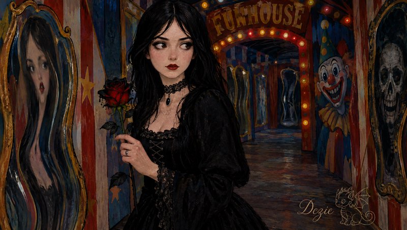 Young goth woman holding a red rose standing in a spooky vintage carnival funhouse hallway