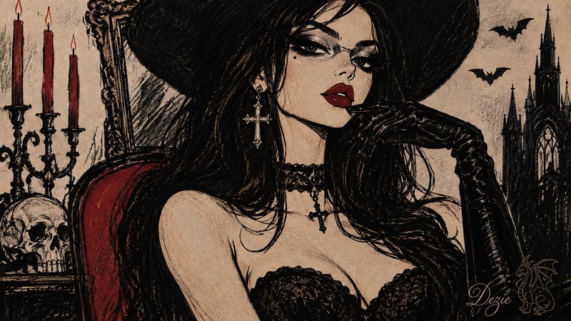 Glamorous gothic vampire woman in a wide brim hat sits surrounded by macabre gothic decor