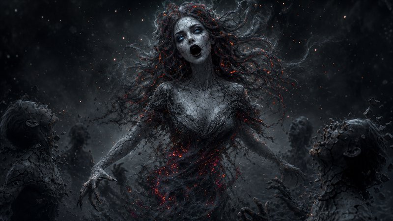 Cracked smoldering banshee screams surrounded by crumbling undead figures in a dark misty void