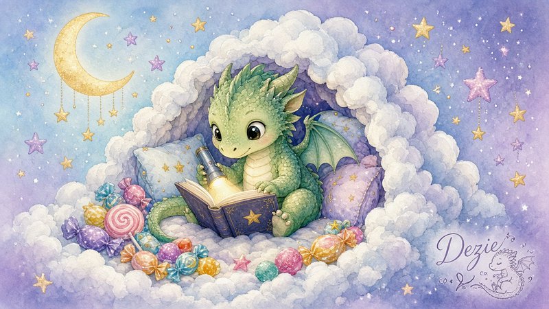 Adorable baby green dragon reads a storybook inside a fluffy cloud nest under a pastel starry night sky