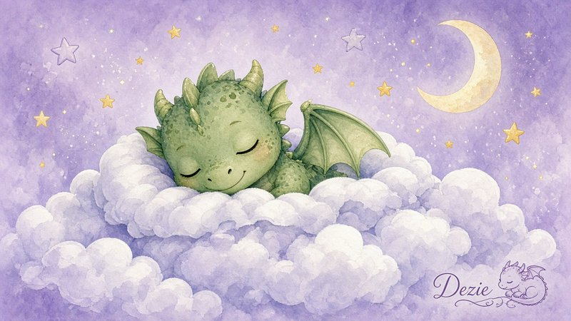 Cute green baby dragon sleeping peacefully on fluffy clouds beneath a starry crescent moon sky