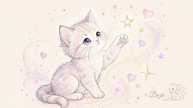 Fluffy pale tabby kitten with purple eyes reaching up toward glowing stars and pastel hearts
