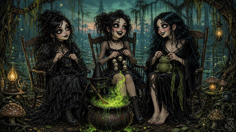 Three playful gothic swamp witches knit while a black cat stirs a glowing green cauldron at dusk