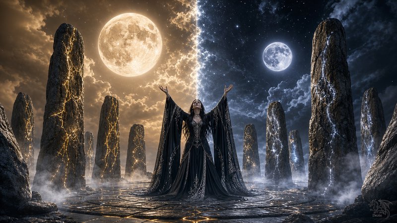 Sorceress in ornate black robes raises arms at a glowing split-sky standing stone ritual circle