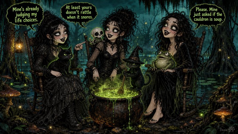 Three whimsical gothic witches chat around a glowing green cauldron with their familiars in a misty spooky swamp