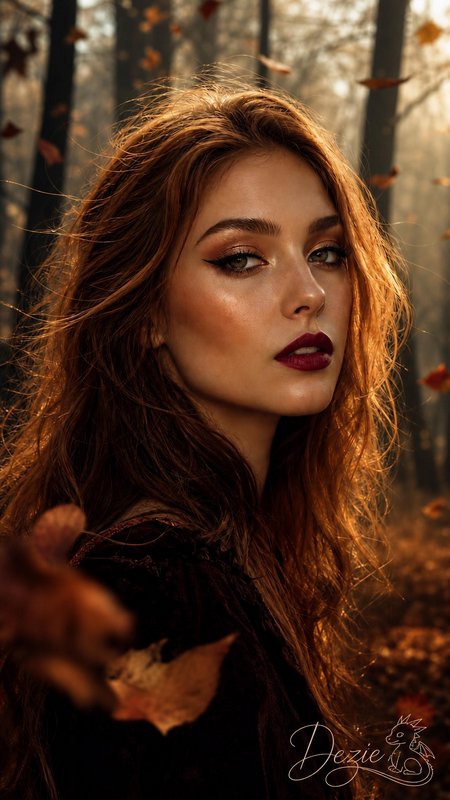 Woman with windswept auburn hair stands in a sunlit autumn forest as fall leaves drift around her
