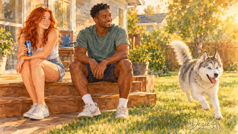 Young couple sitting on a sunlit front porch watching a fluffy husky run across the backyard lawn