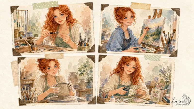 Watercolor collage of a curly red-haired woman enjoying four different creative craft hobbies