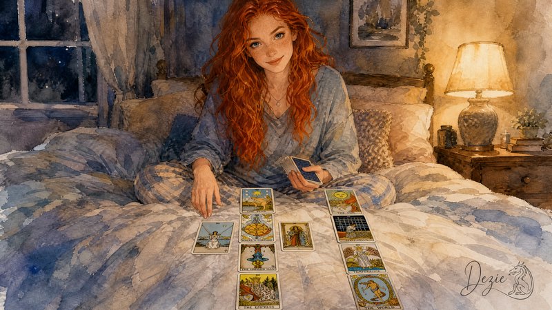 Curly red-haired woman sits on a cozy bed laying out a spread of tarot cards at night