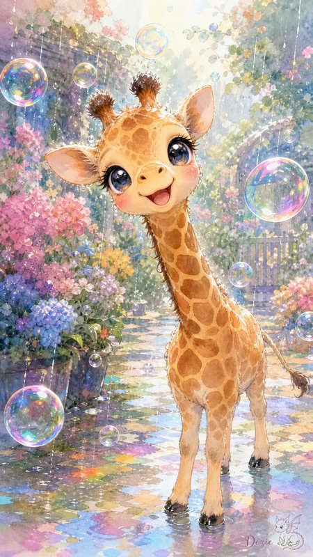 Cheerful chibi baby giraffe stands in a sunlit rainy garden surrounded by floating iridescent soap bubbles