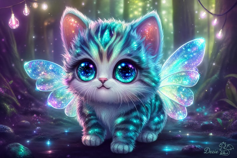 Adorable fairy kitten with glittering galaxy eyes and iridescent wings sits in an enchanted glowing forest