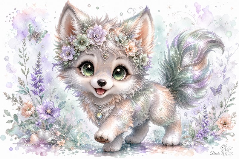 Adorable sparkly fantasy fox wearing a floral crown stands surrounded by pastel wildflowers and butterflies