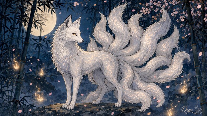 White nine-tailed kitsune stands on a rocky outcrop under a full moon in a misty cherry blossom bamboo forest