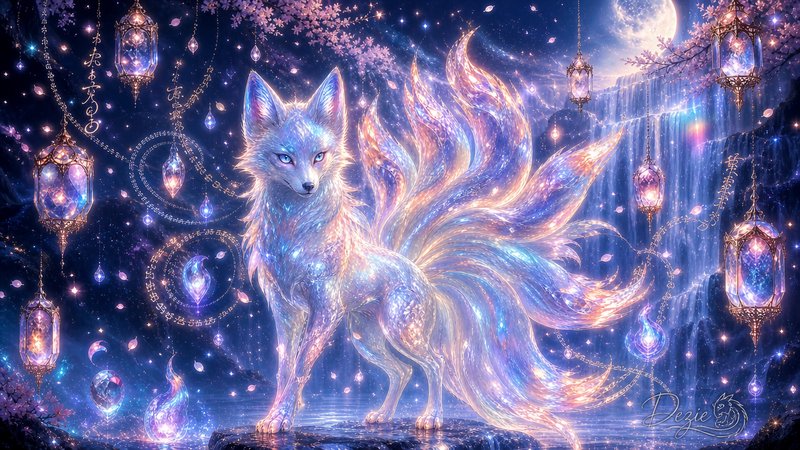 Glowing ethereal nine-tailed kitsune stands amid enchanted lanterns under a full moon beside a cascading waterfall