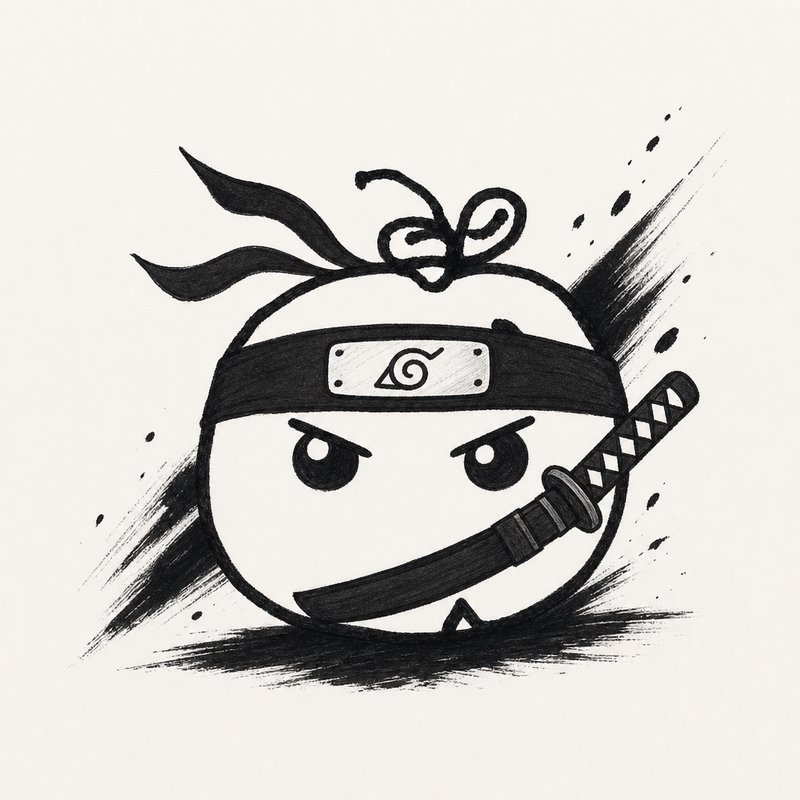 Cute round chibi ninja with Hidden Leaf headband and katana, black and white ink illustration