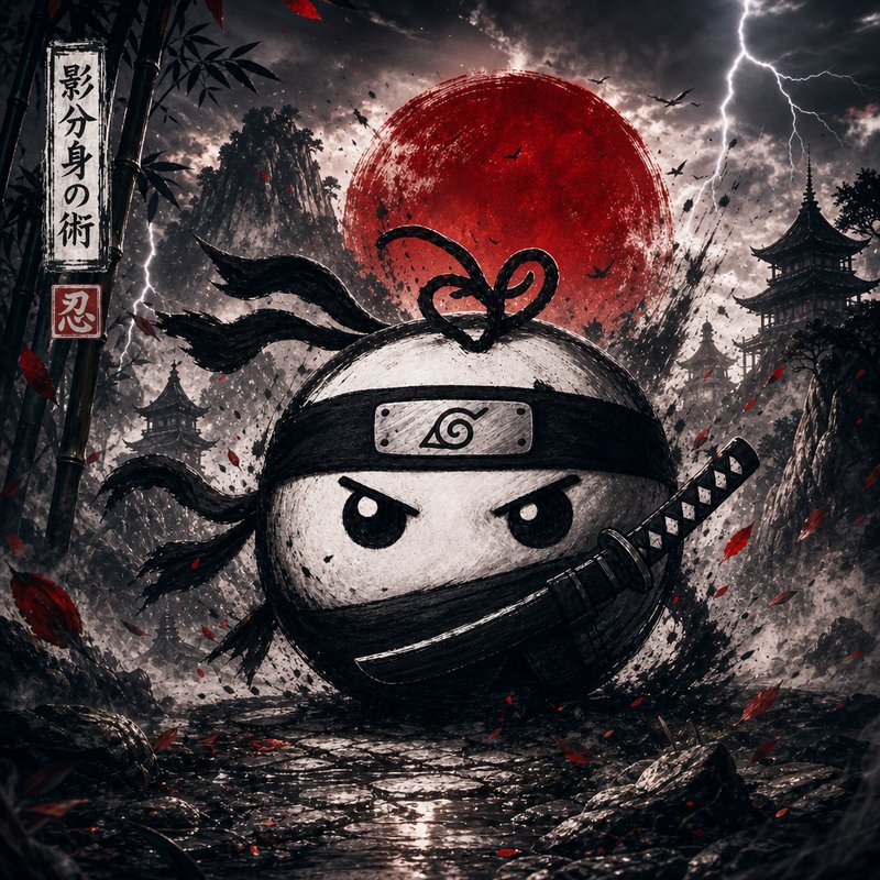 Round chibi shinobi character with Konoha headband and katana stands before a stormy red moon Japanese landscape