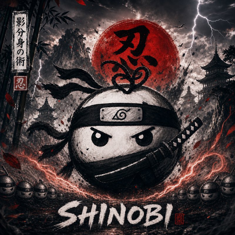 Round chibi shinobi character with ninja headband and katana stands before a stormy feudal Japanese landscape with red moon
