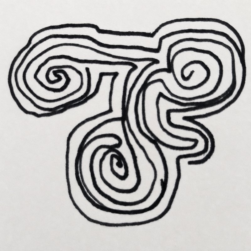 Hand-drawn black ink abstract three-spiral triskele doodle on plain off-white paper